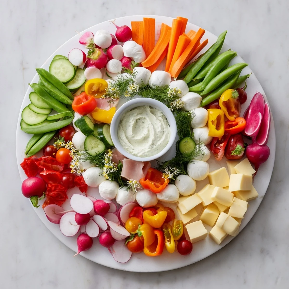 Spring Wreath Appetizer Platter: a vibrant array of fresh vegetables, cheeses, and dips arranged on a round platter.