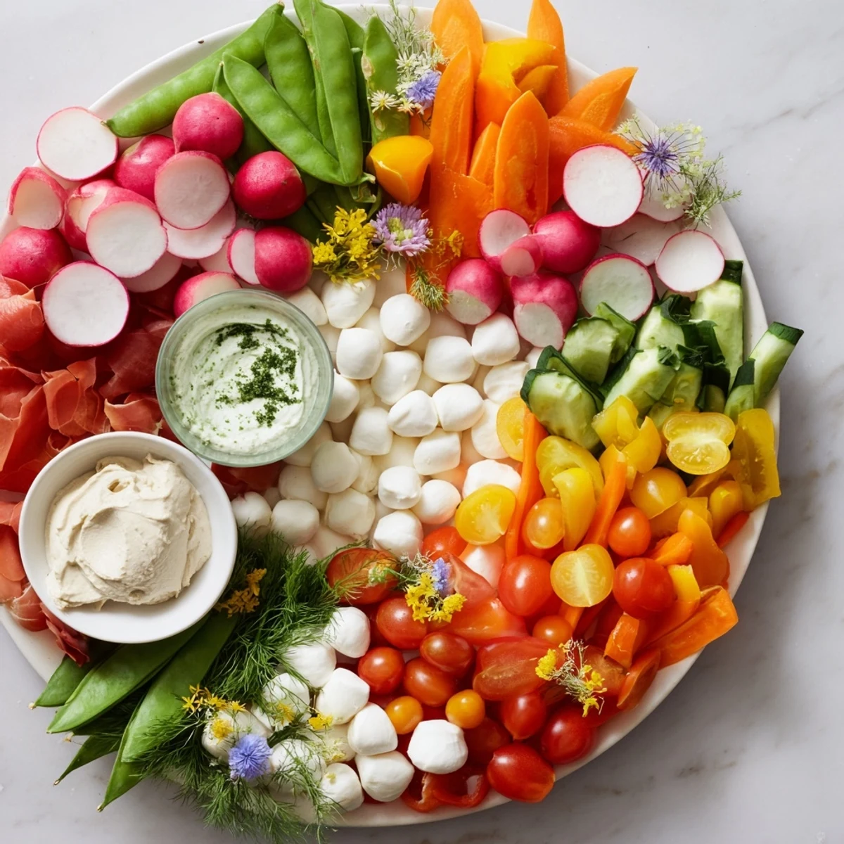This Spring Wreath Appetizer Platter boasts colorful radishes, tomatoes, and cheeses ready for a party.