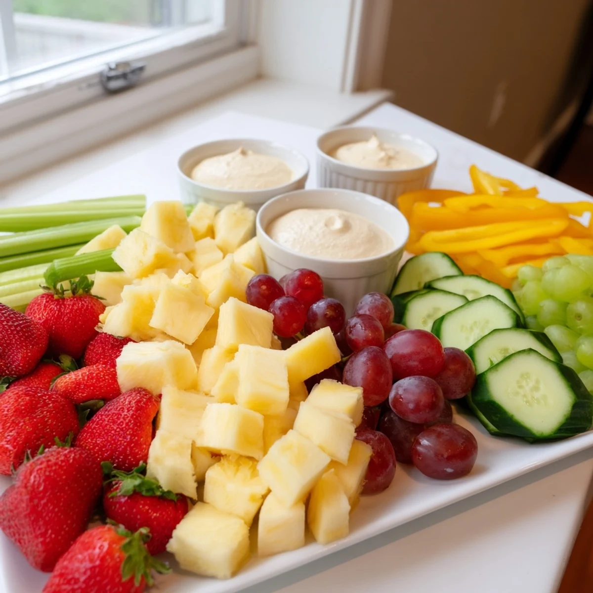 A colorful Sunshine Snack Tray overflowing with fresh fruits, veggies, cheeses, and dips, ready to serve.