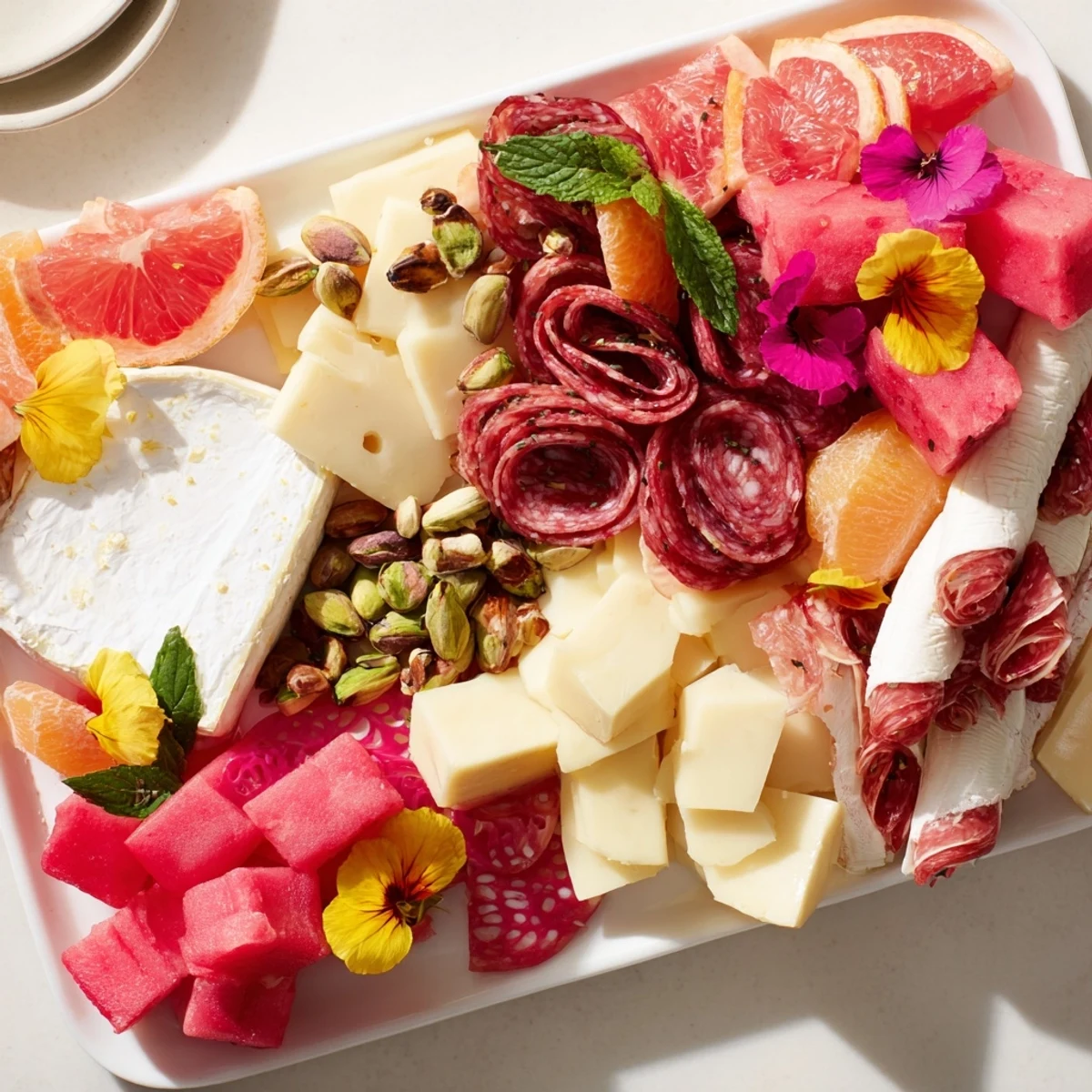 Flamingo Paradise Board: A colorful grazing board with fresh fruits, cheese, and charcuterie, ready to serve.