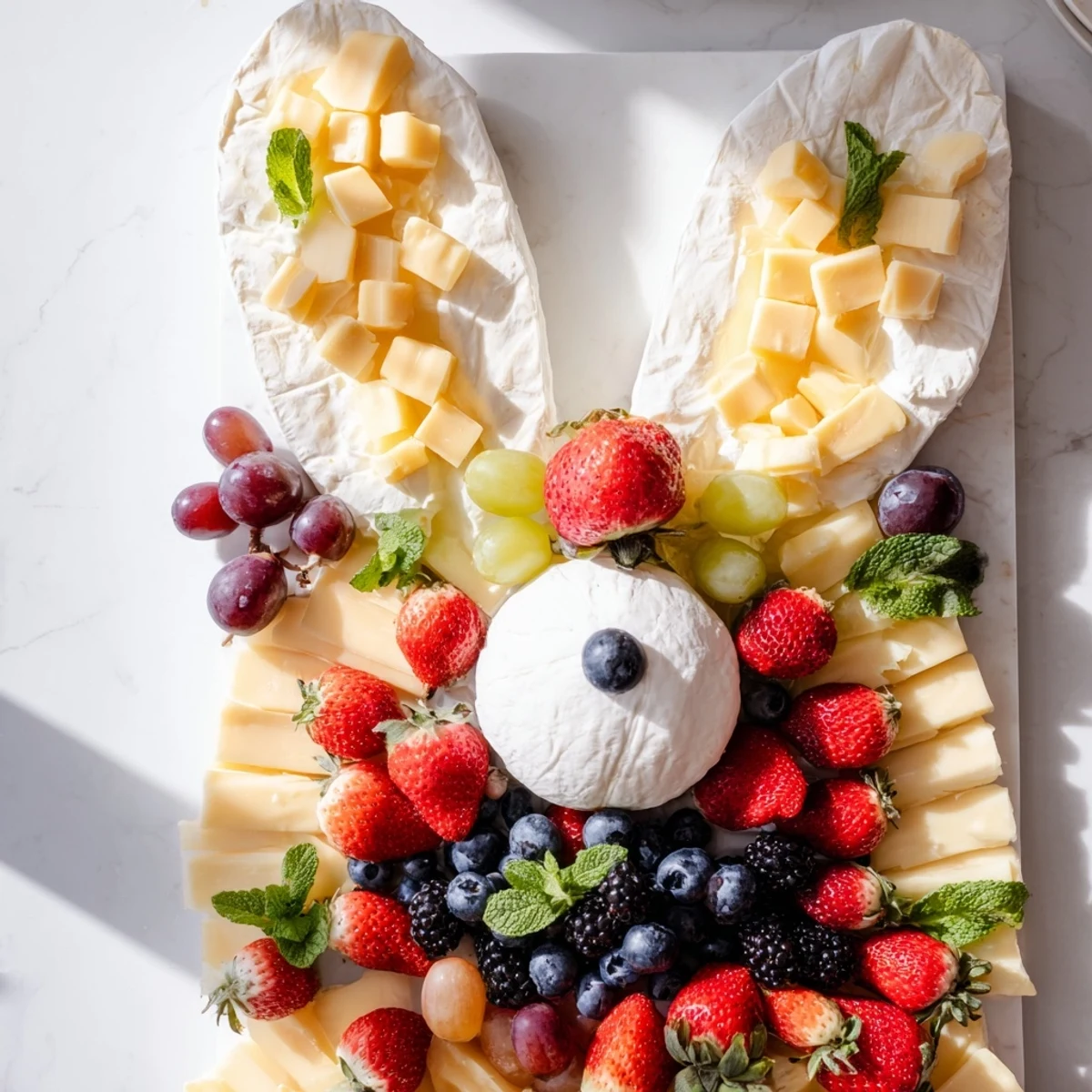 Bunny Ears Easter Board bursting with strawberries, grapes, and cheddar cheese on display.