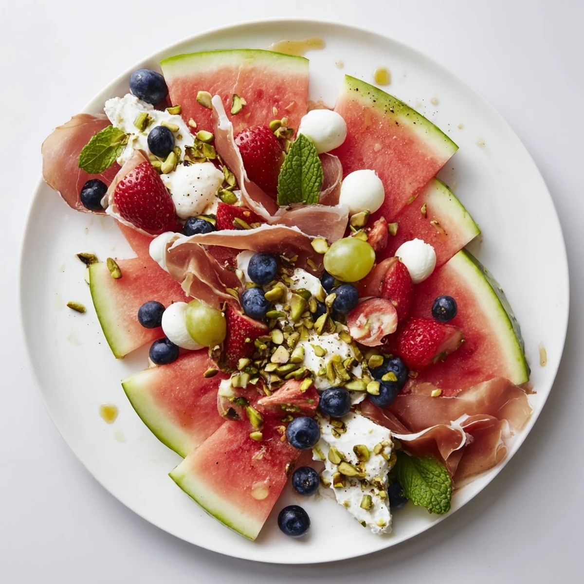 A colorful Watermelon Slice Charcuterie board with refreshing fruit, cheese, and meats.