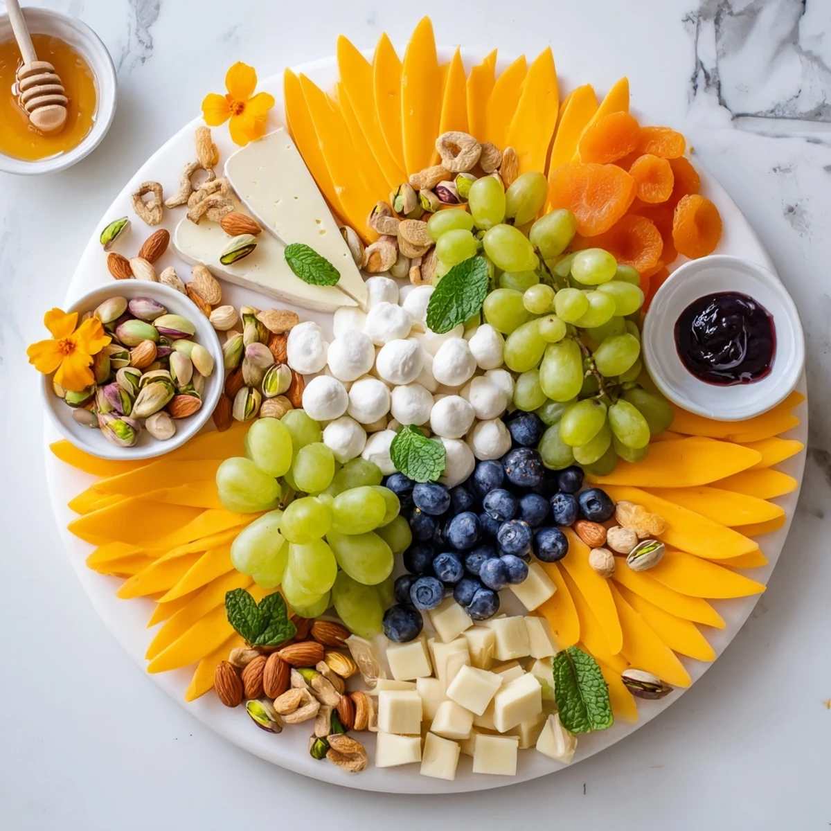 Springtime Daffodil Cheese Board arrangement: a colorful display of cheese, fruits, and crackers.