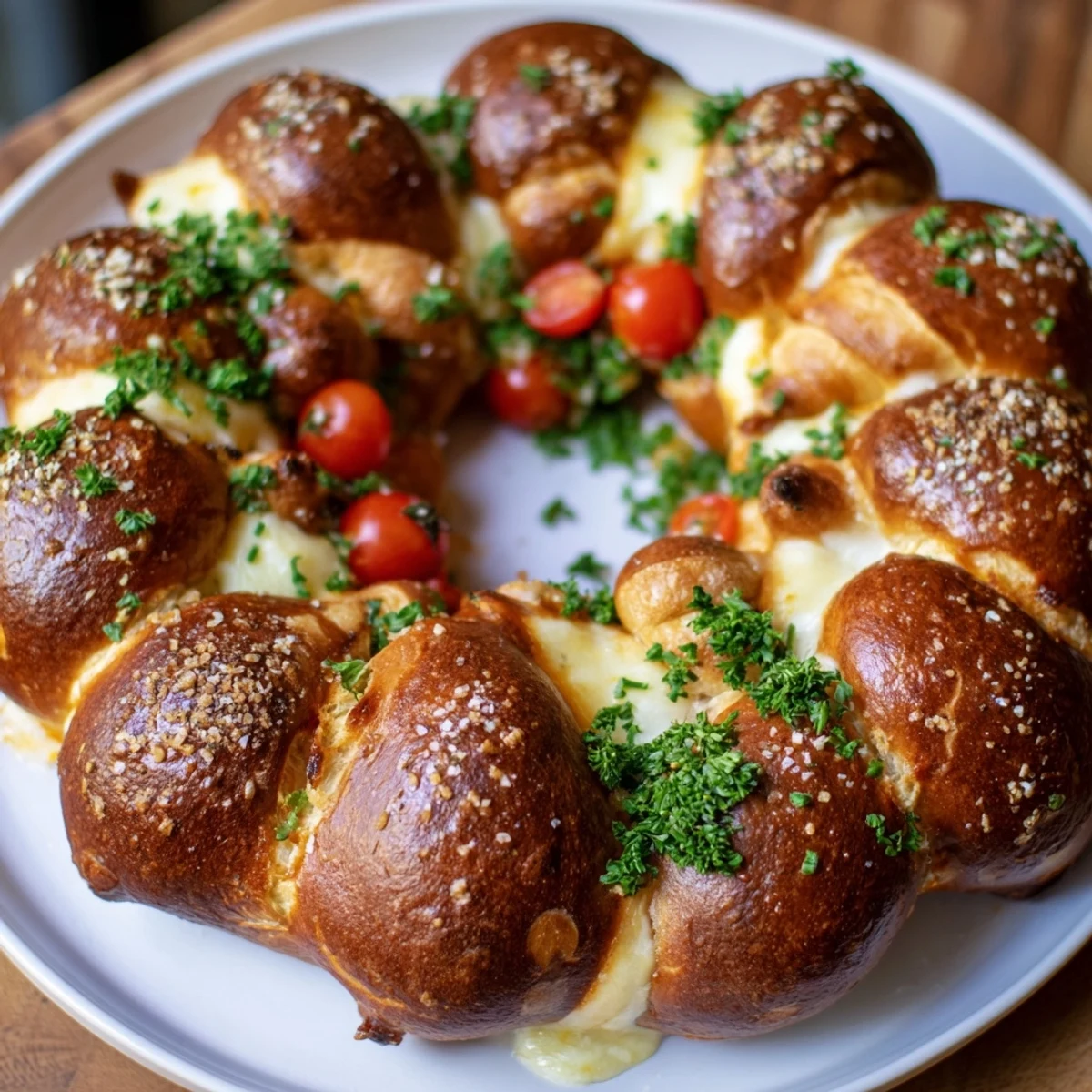 This Pretzel Joy Wreath appetizer shows a close-up of soft pretzel balls ready to be pulled apart and shared.