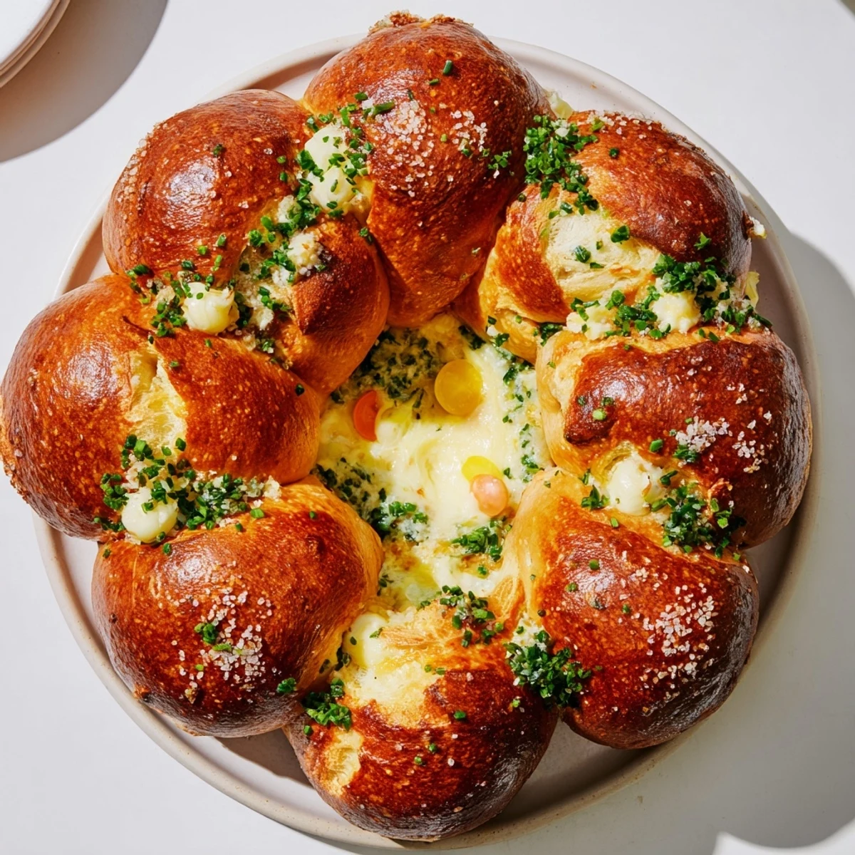 Warm pretzel bites arranged in a ring, filled with cheese, forming the tempting Pretzel Joy Wreath appetizer.
