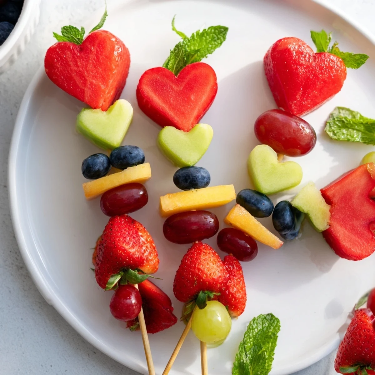Vivid Berry Good Heart Fruit Skewers feature colorful heart-shaped fruit on skewers, perfect for a party.