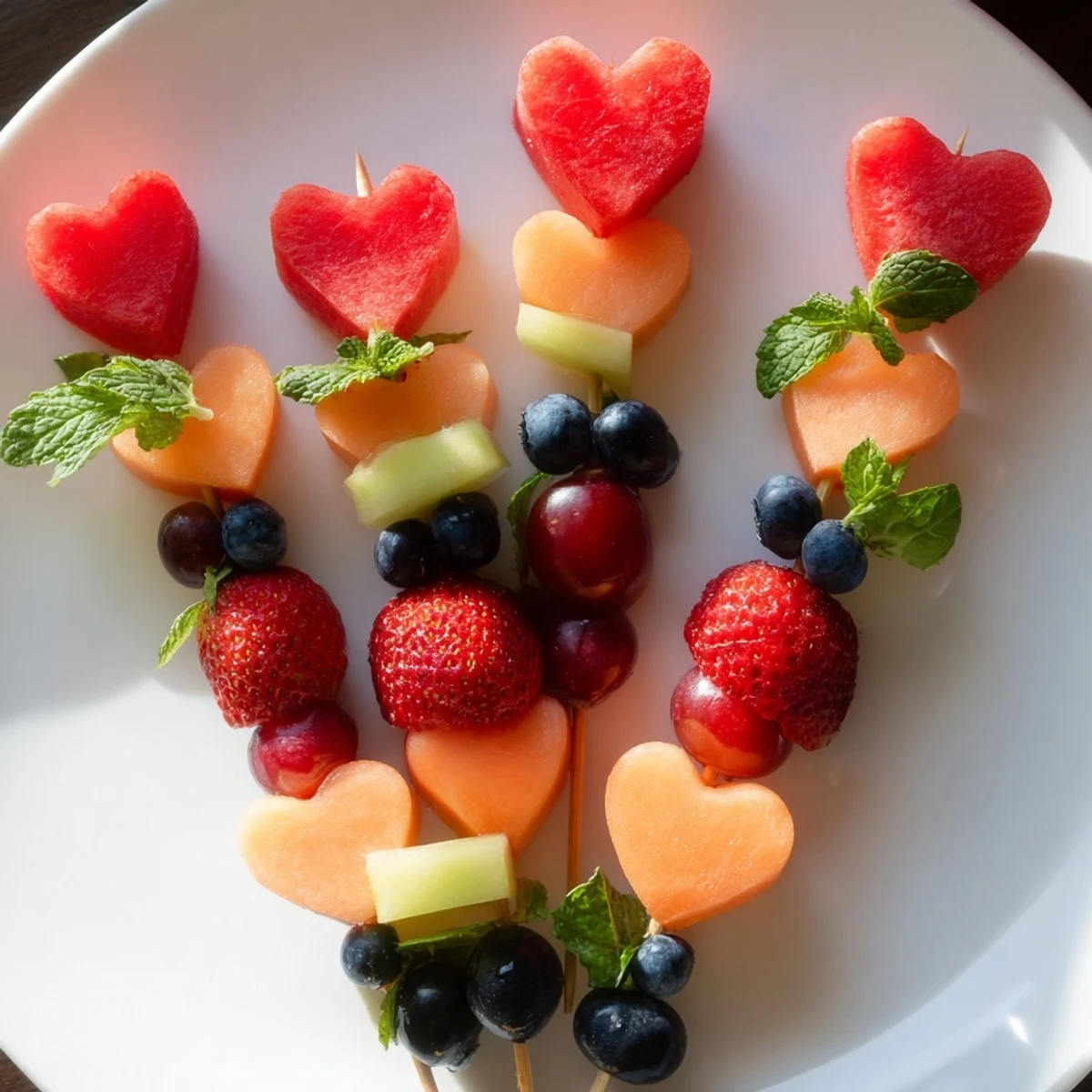 Fresh Berry Good Heart Fruit Skewers with red strawberries and melon hearts ready to enjoy as a snack!