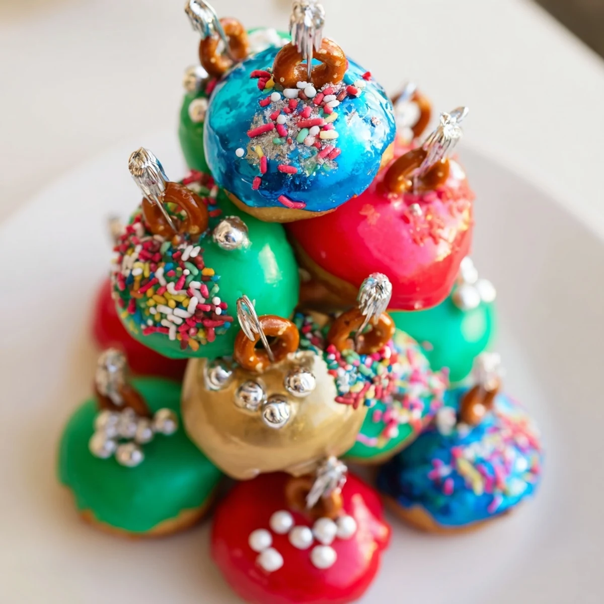 Festive and fun, the Donut Stack Christmas Ornament Tower looks delicious and perfect for the holidays.