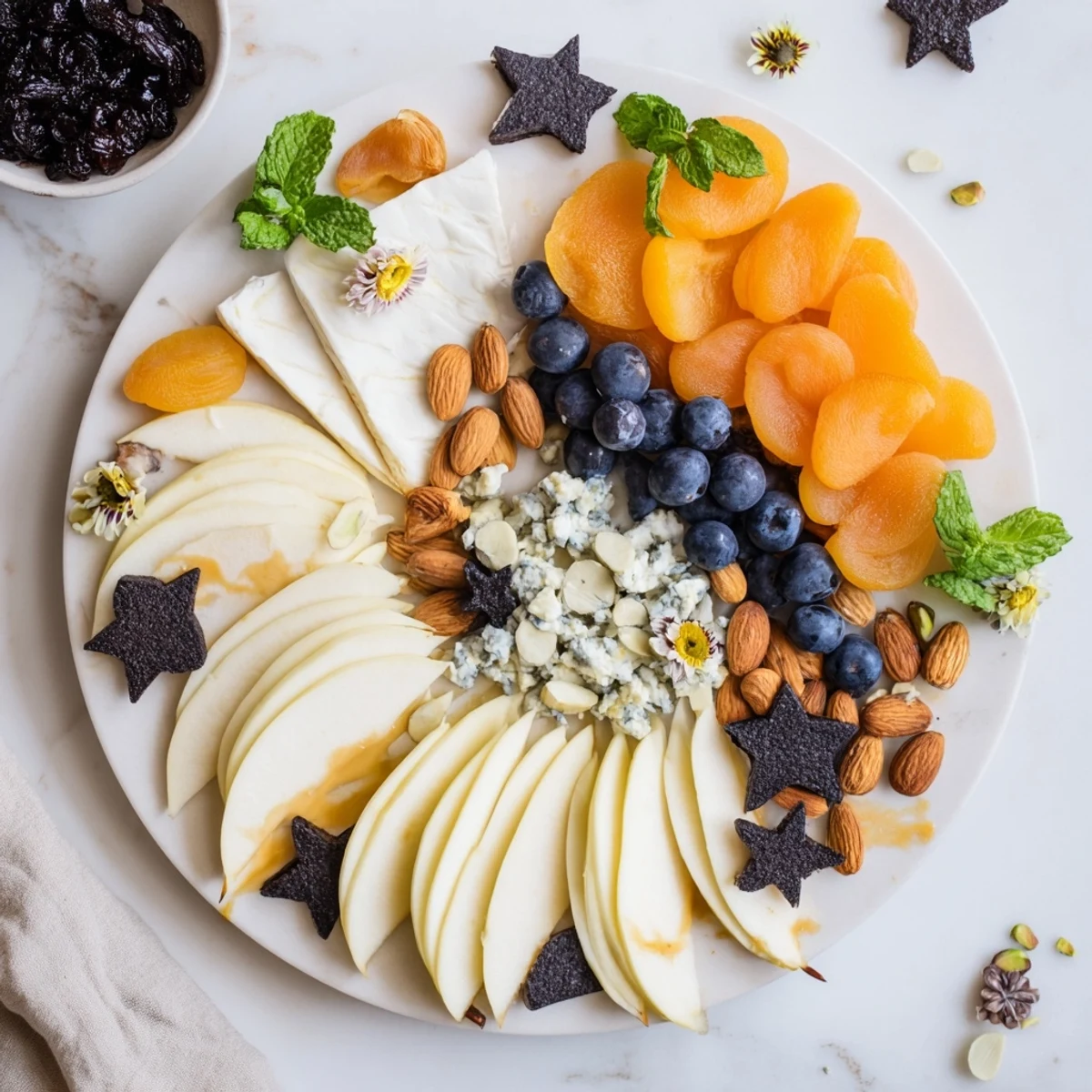 Crescent Moon Midnight Snack Board arranged with cheeses, fruits, and crackers perfect for late night enjoyment.