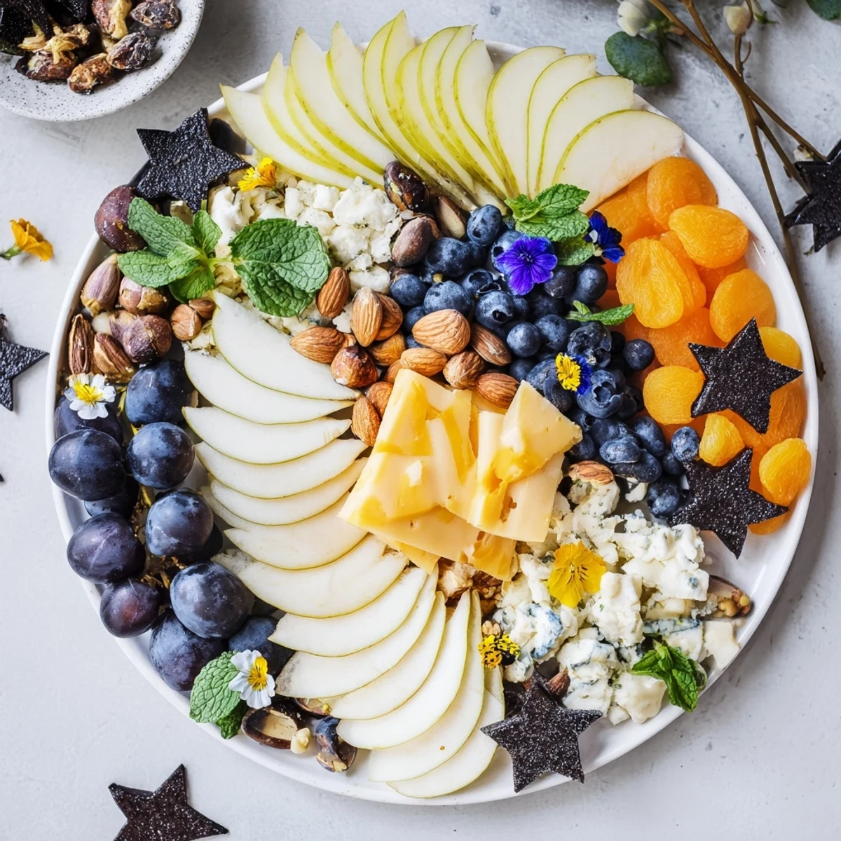 A vibrant Crescent Moon Midnight Snack Board, full of delicious cheeses, fruits, and nuts for sharing.