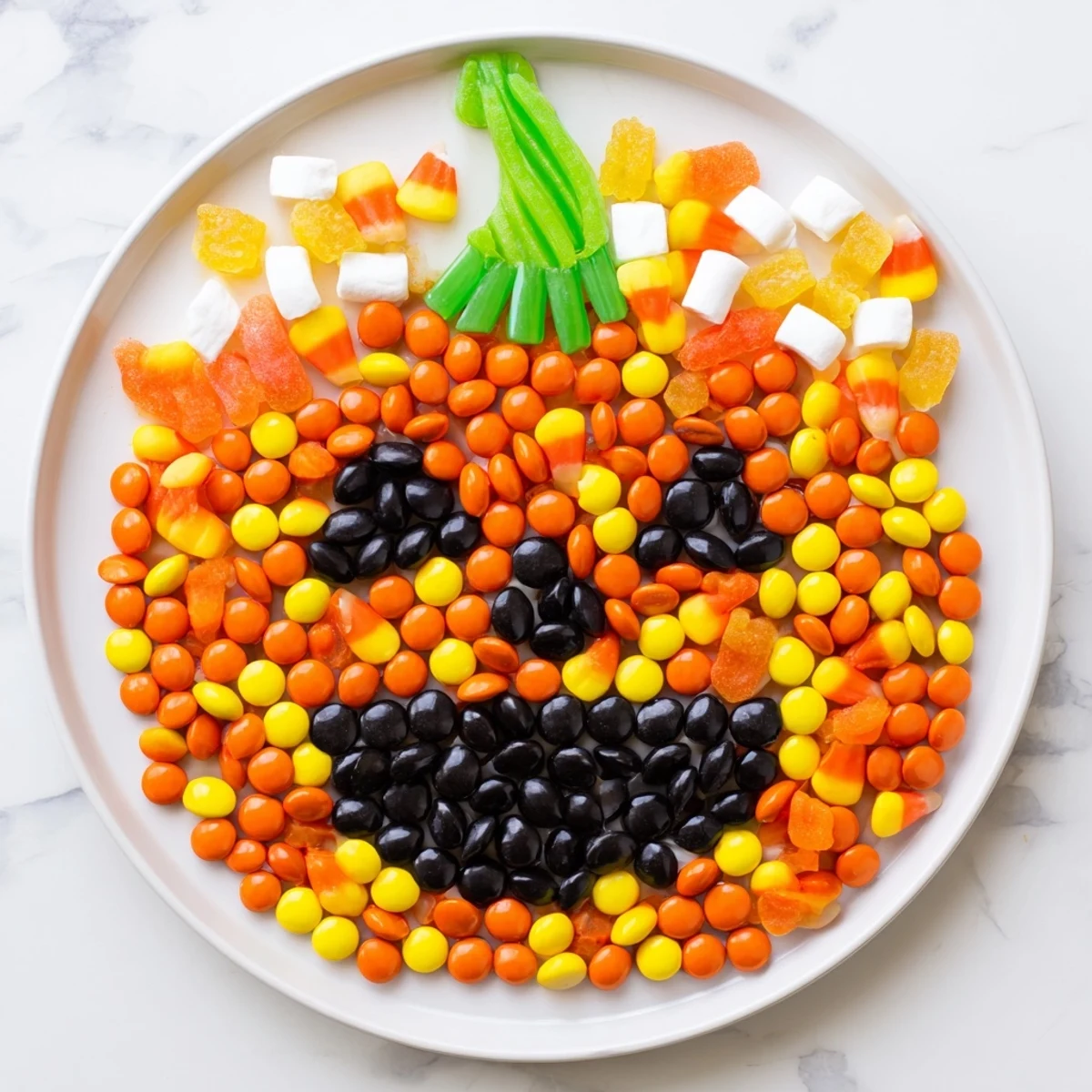 This festive Jack-o-Lantern Candy Board features various sweets perfect for any Halloween party.