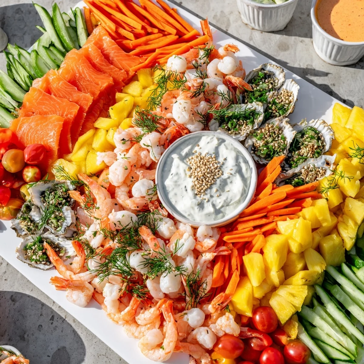 Ocean-themed Wave Rider Surfer Snack Board with vibrant fruits, seafood, and dips, ready to enjoy.