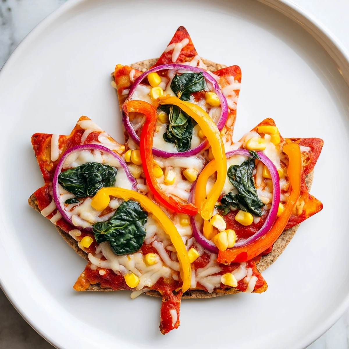 Vibrant, colorful Fall Foliage Maple Leaf Mini Pizzas, topped with autumn vegetables and melted cheese.