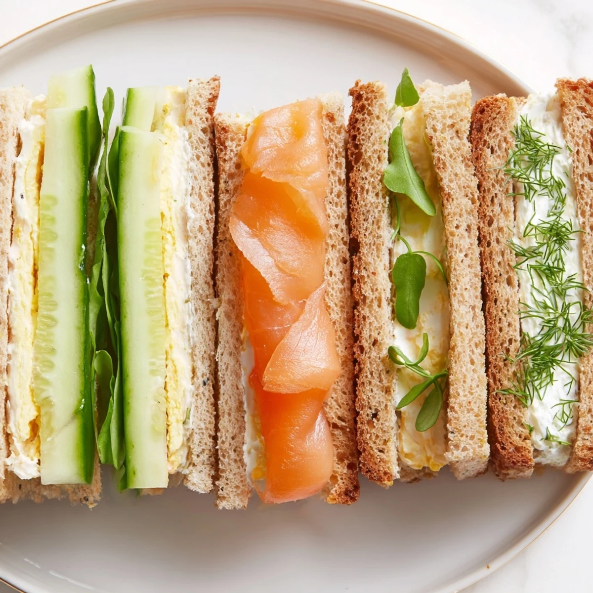 A visually appealing platter of Castle Feast Royal Tea Party Sandwiches with various fillings.