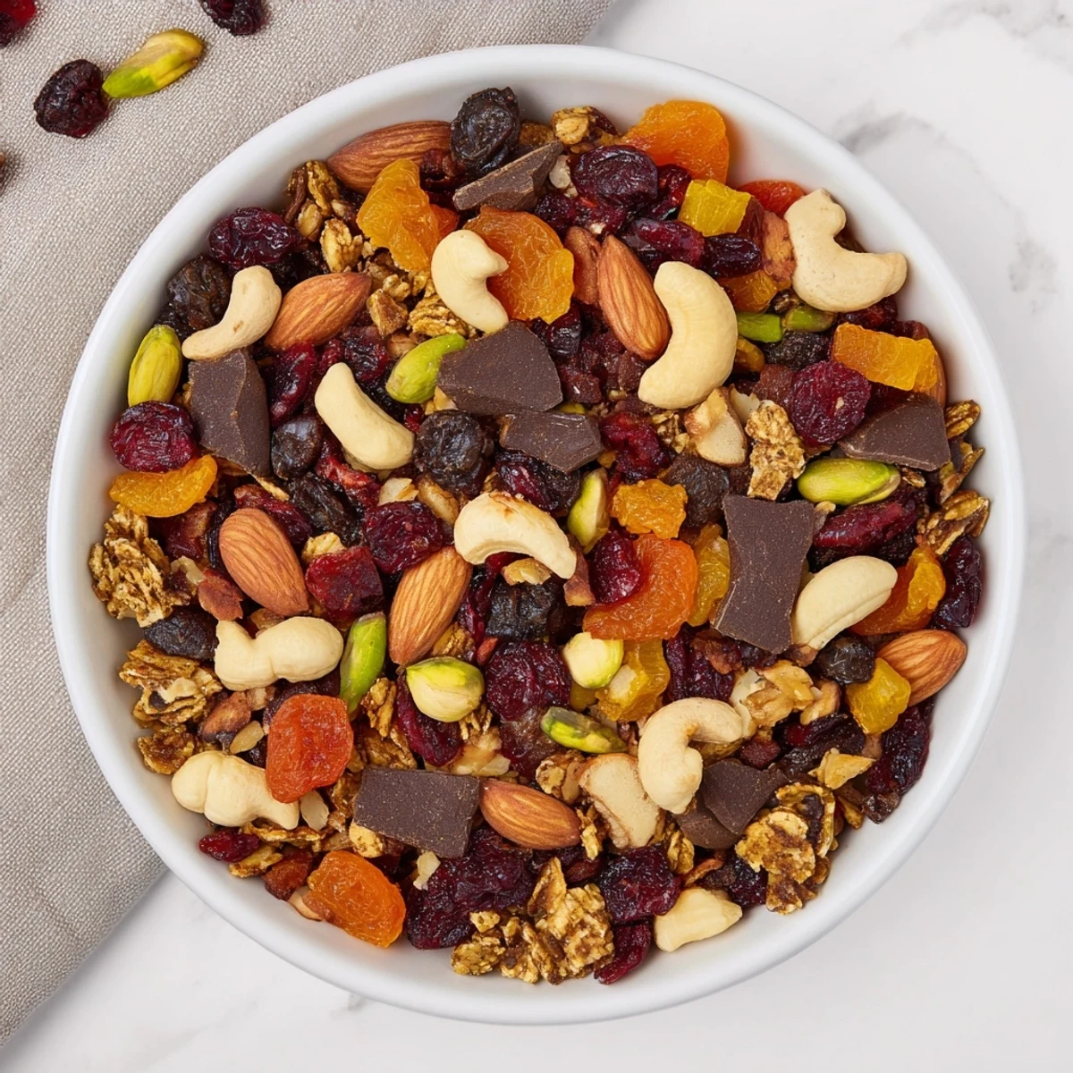 A bowl of Mountain High Adventure Snack Mix, filled with nuts, fruits, and chocolate chips, ready to eat.