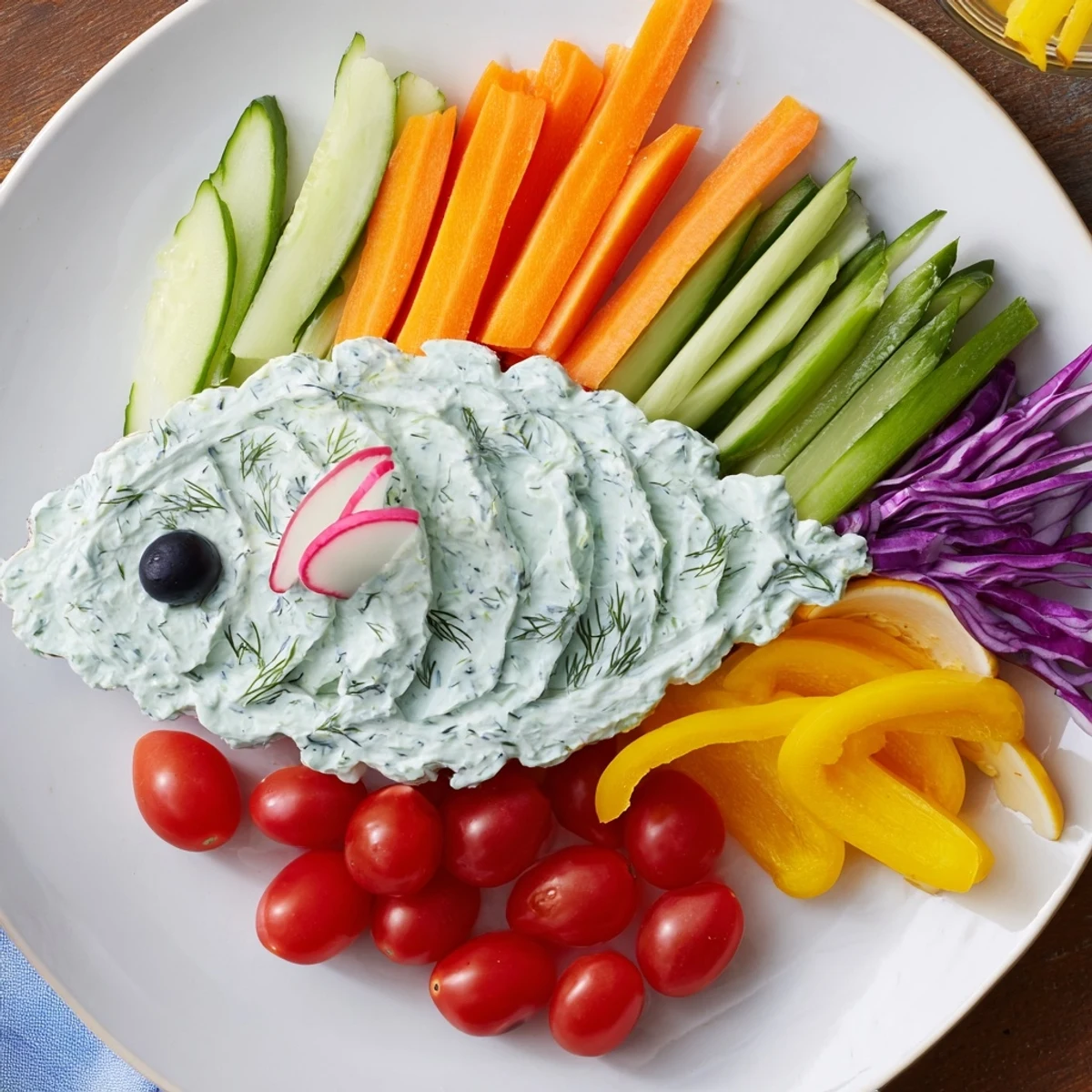 Vibrant Ocean Blue Fish-Shaped Dip Tray: fresh veggies arranged with herbed dips for a party.