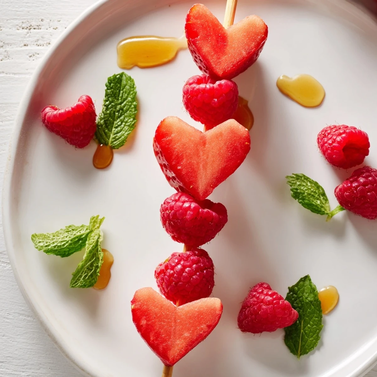 Brochetas con fresas, sandía y frambuesas, una colorida presentación de postre vegano y refrescante.