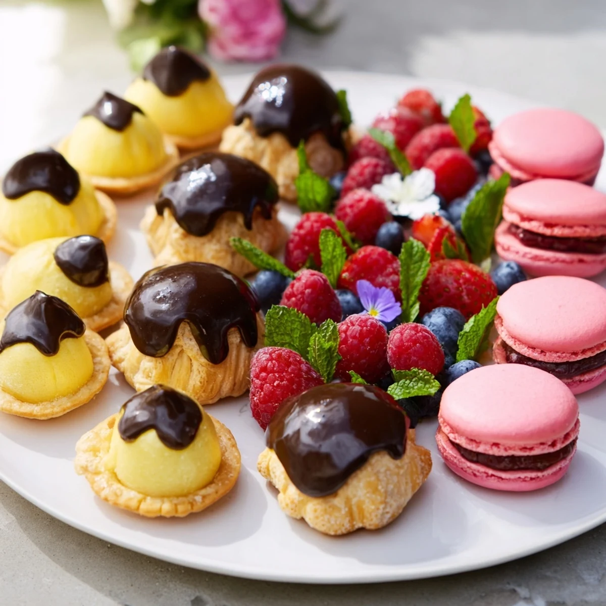 Elegant Montgolfière desserts, a colorful assortment of mini choux puffs, tartlets, and macarons.