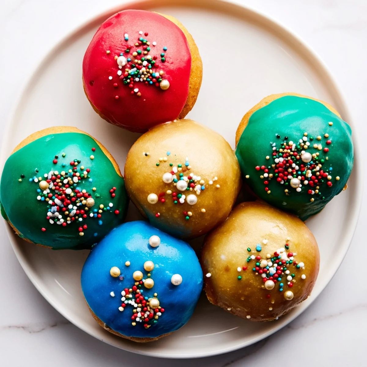 Golden, fried Christmas Ornament Beignets, iced and sprinkled for a delightful holiday dessert centerpiece.