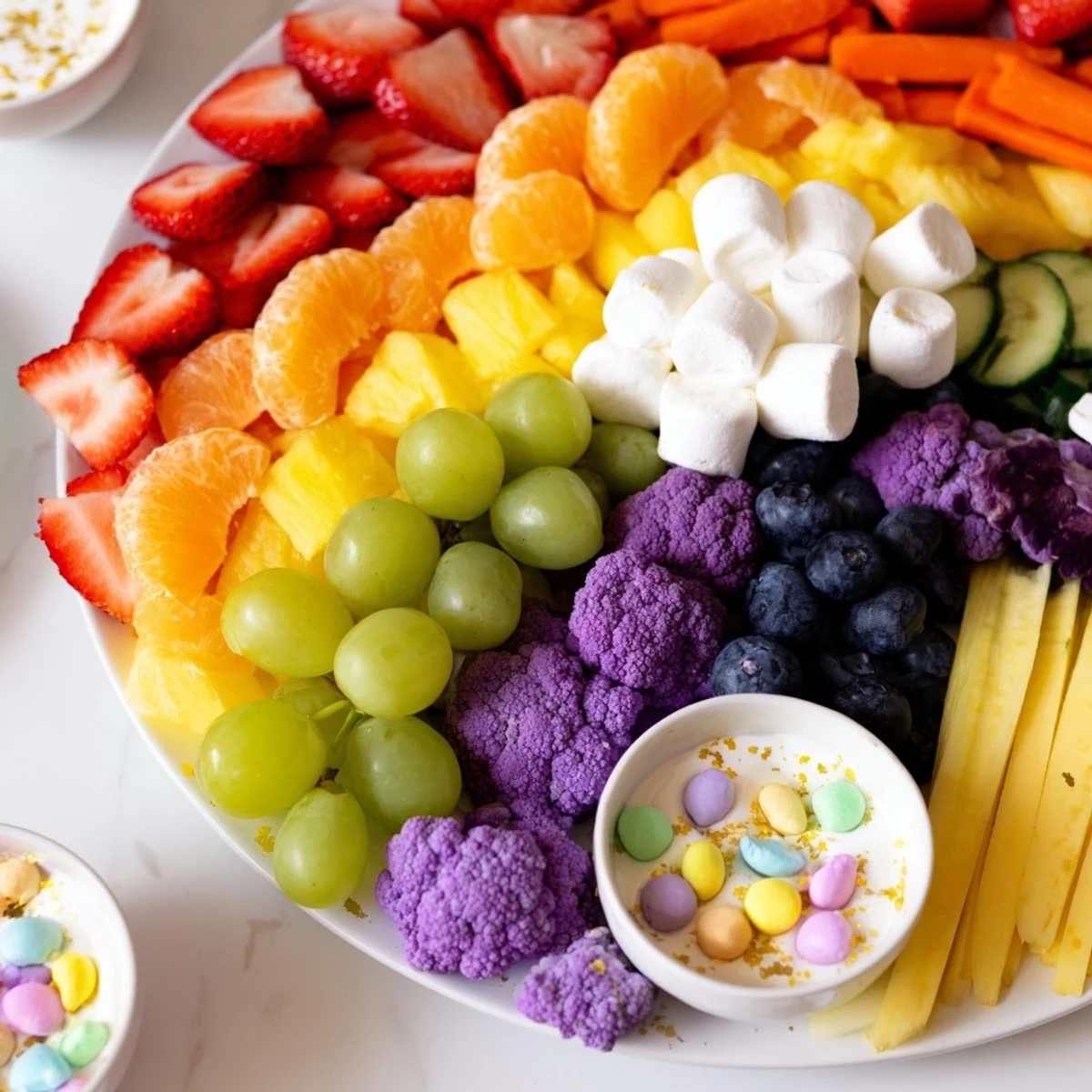 Vibrant Magical Unicorn Rainbow Snack Board: A visually stunning party snack board, arranged with a rainbow of fresh, colorful goodies.