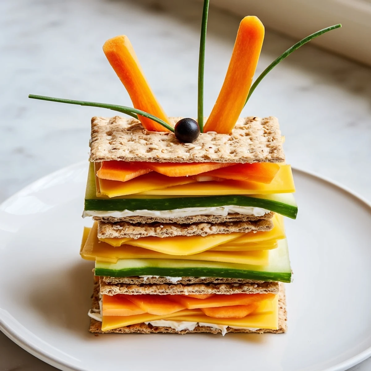 Giraffe Tall Cracker Stack featuring layers of cheese, colorful veggies, and olives, a fun snack.