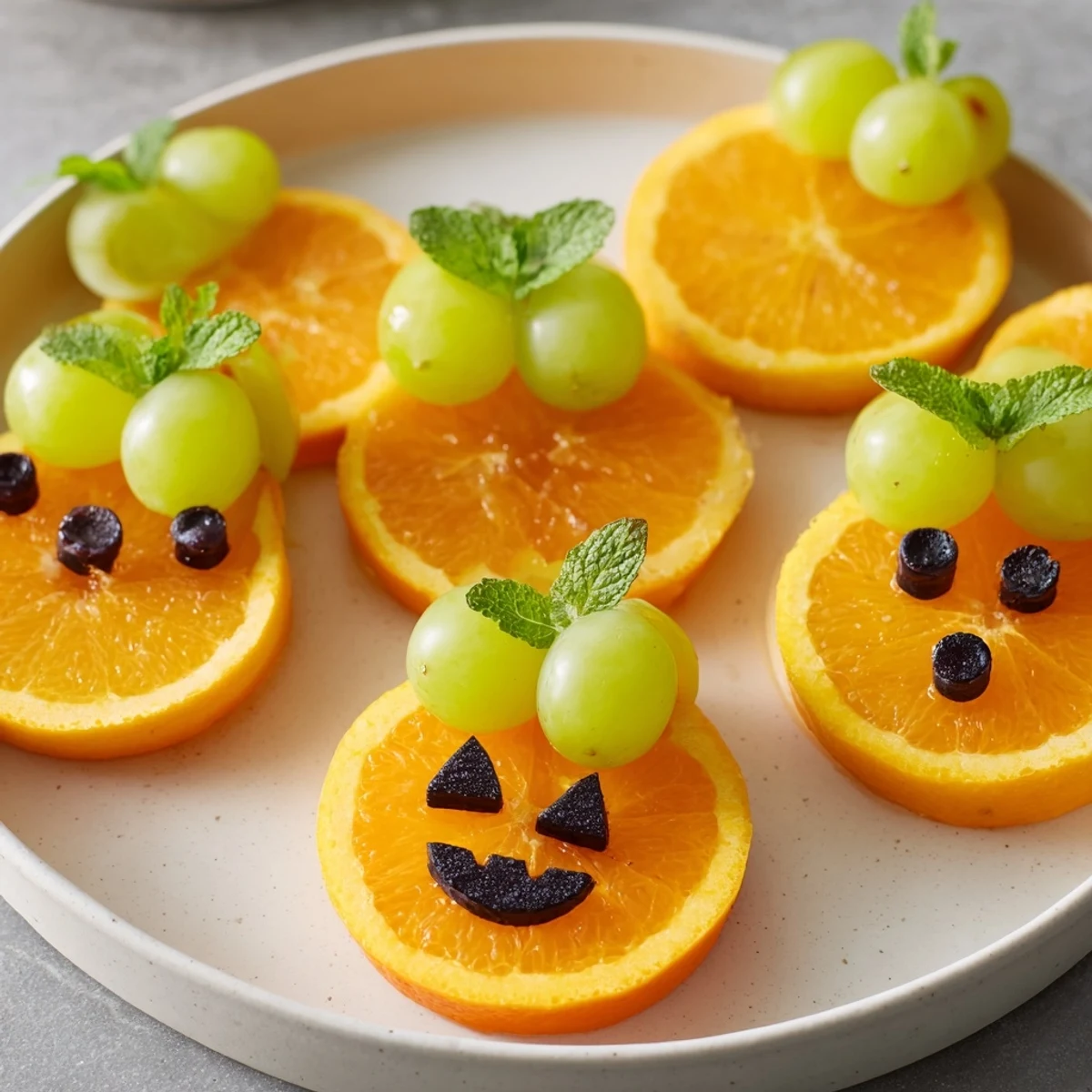 Vibrant image of homemade pumpkin patch orange slices with mint stems, ready to enjoy as a snack!