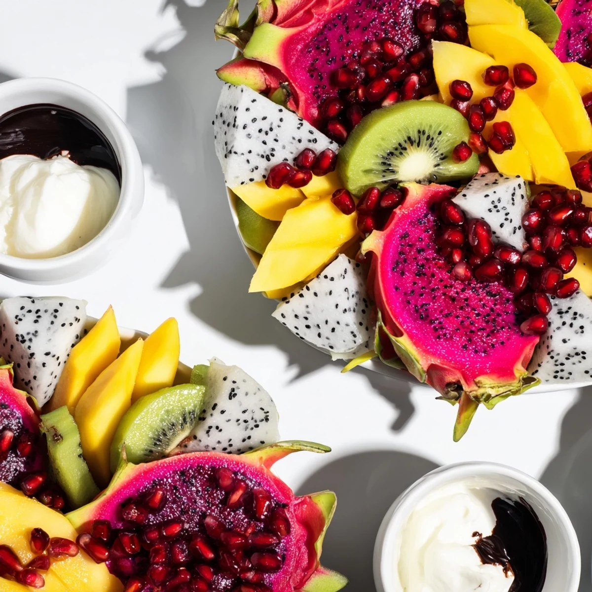 Dragon Scales Fruit and Dip Board with colorful fruit slices and creamy yogurt.