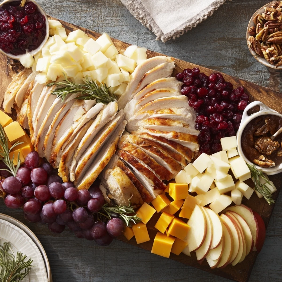 A beautifully arranged Turkey Cheese and Cracker Board appetizer, full of savory and sweet delights.