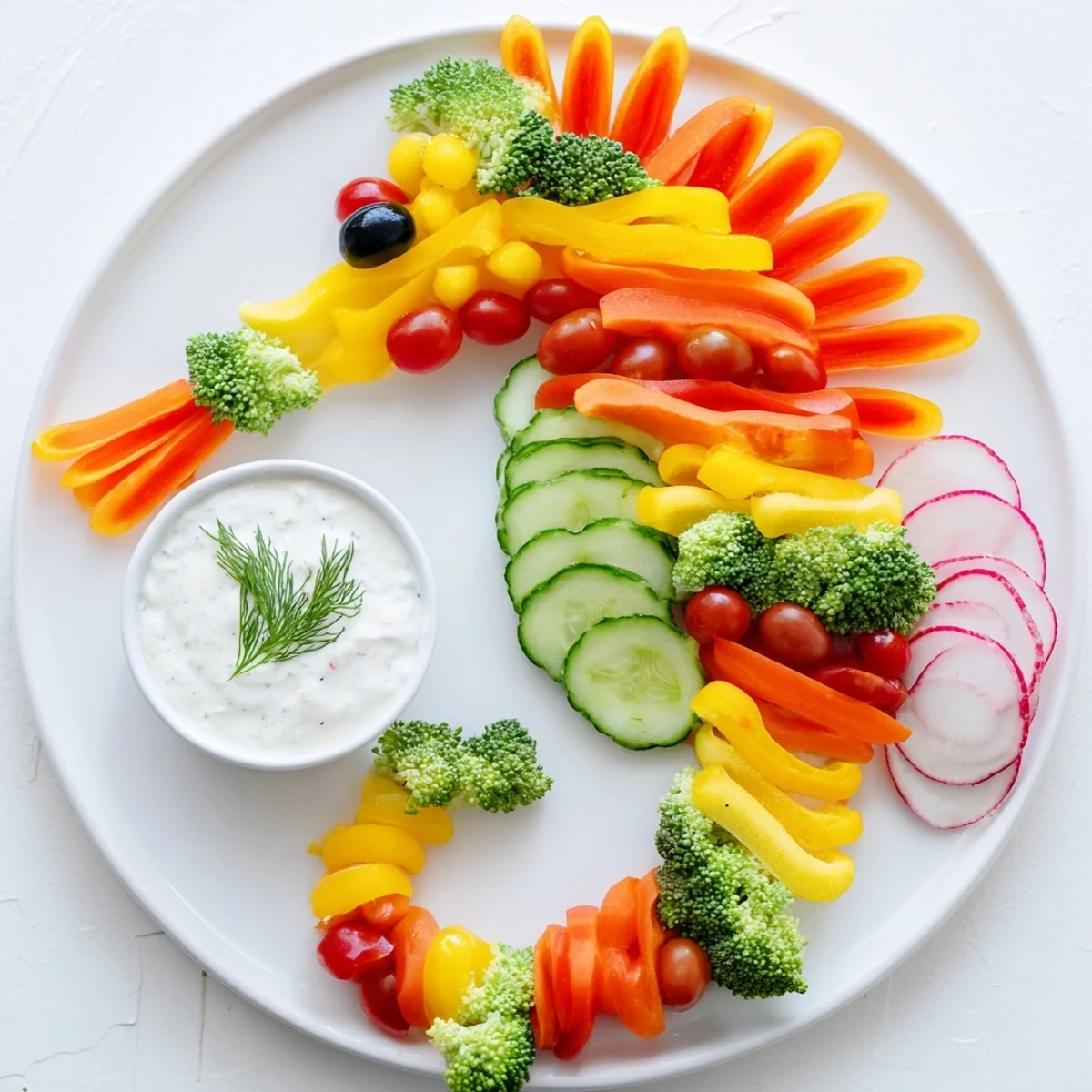 Seahorse Veggie Dip Platter, a colorful and fun appetizer with vibrant fresh vegetables and creamy dip.