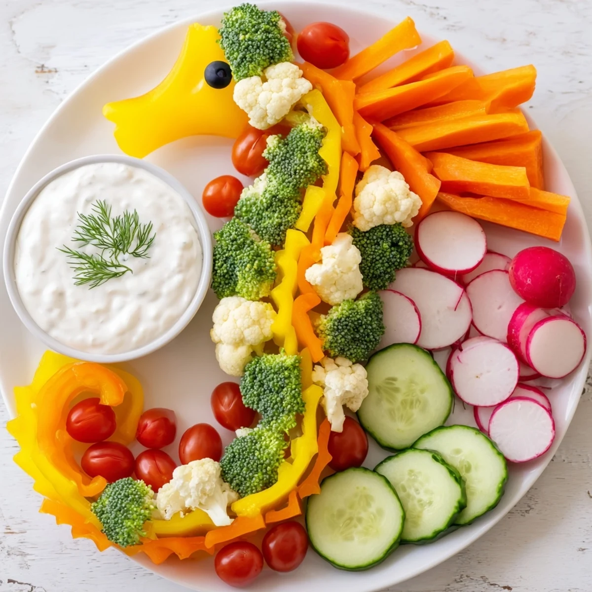 Vibrant Seahorse Veggie Dip Platter featuring a whimsical arrangement of colorful vegetables perfect for a party.