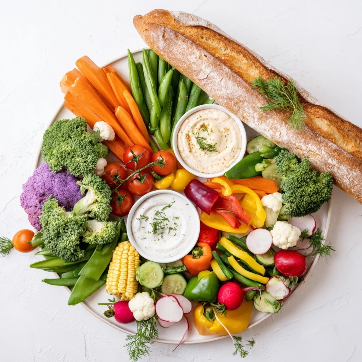 Veggies overflow a colorful Cornucopia Veggie Board, perfect as a festive Thanksgiving appetizer.