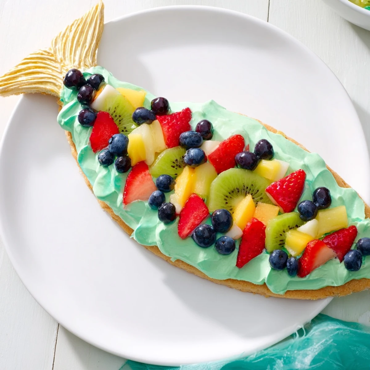 Vibrant berries and kiwi slices create a delicious Mermaid Tail Fruit Pizza across a sugar cookie base.