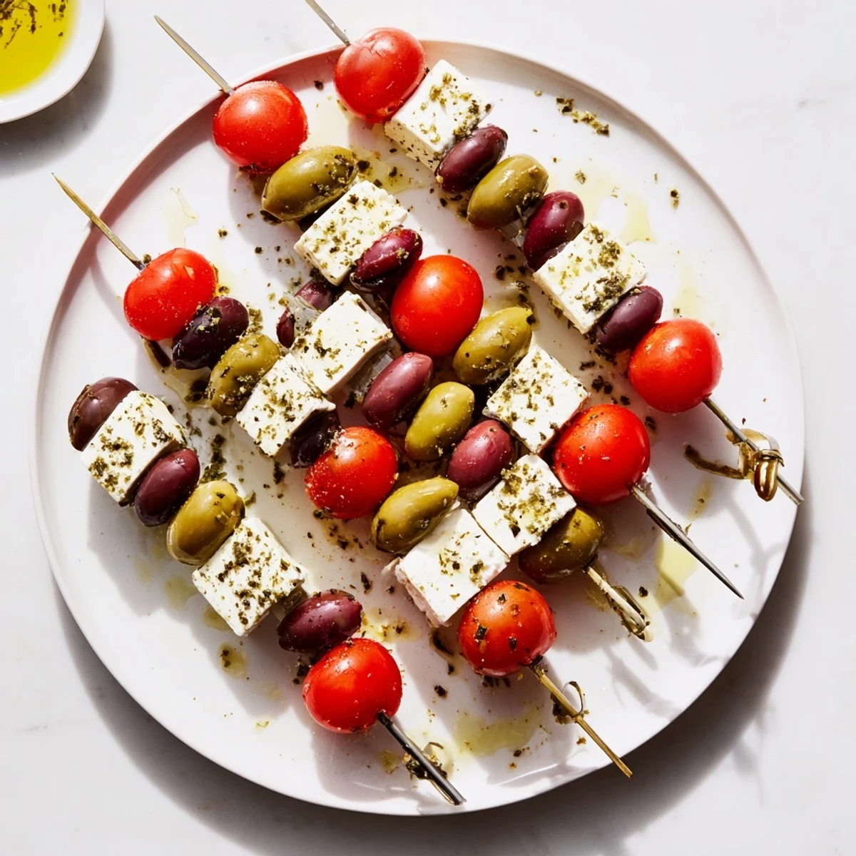 Holiday Cheers Olive and Feta Skewers: Vibrant appetizer skewers with tangy feta, olives, and colorful cherry tomatoes, ready to enjoy.
