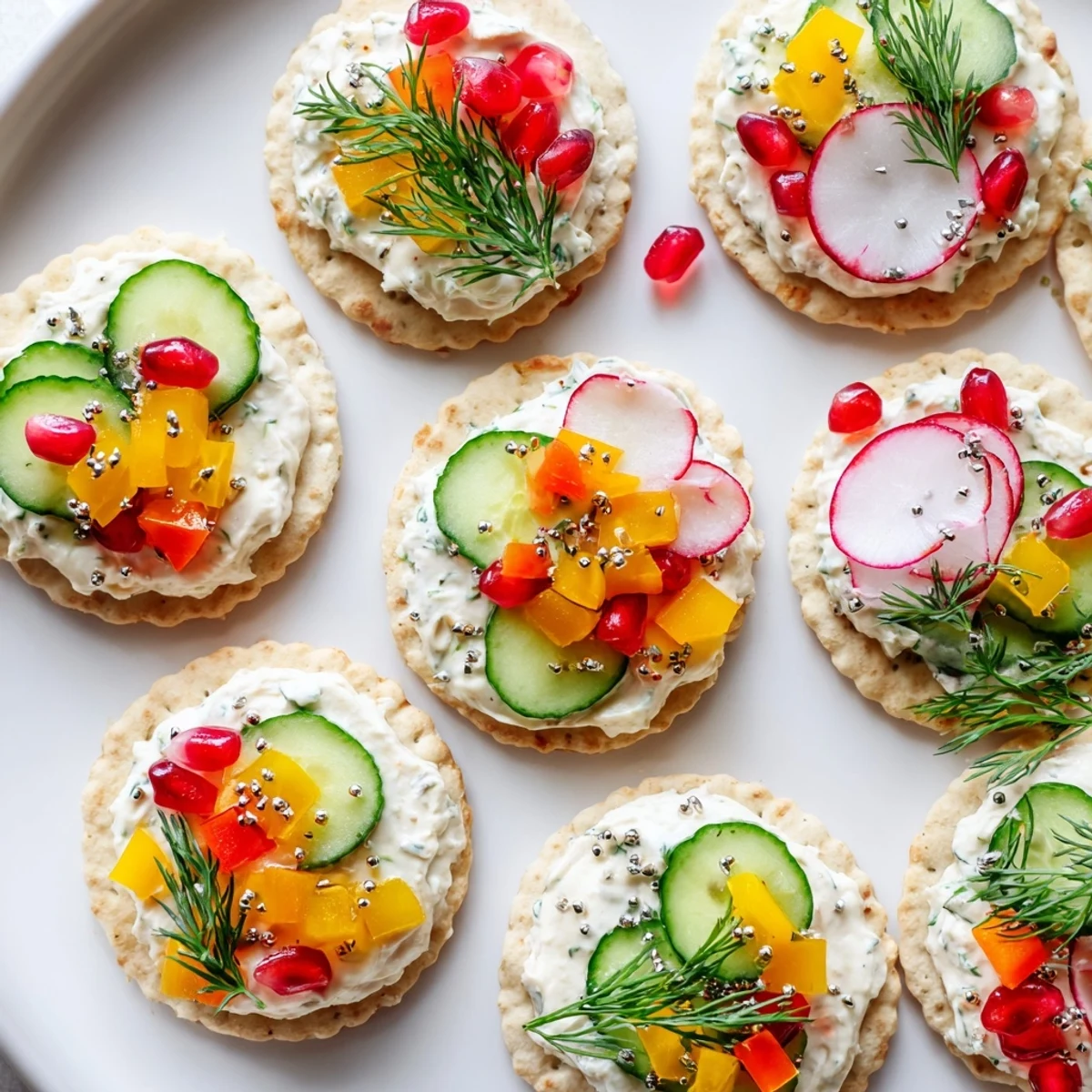 Brightly colored Ornament Shaped Cracker Toppings, showcasing various vegetable toppings and ready for quick appetizers.