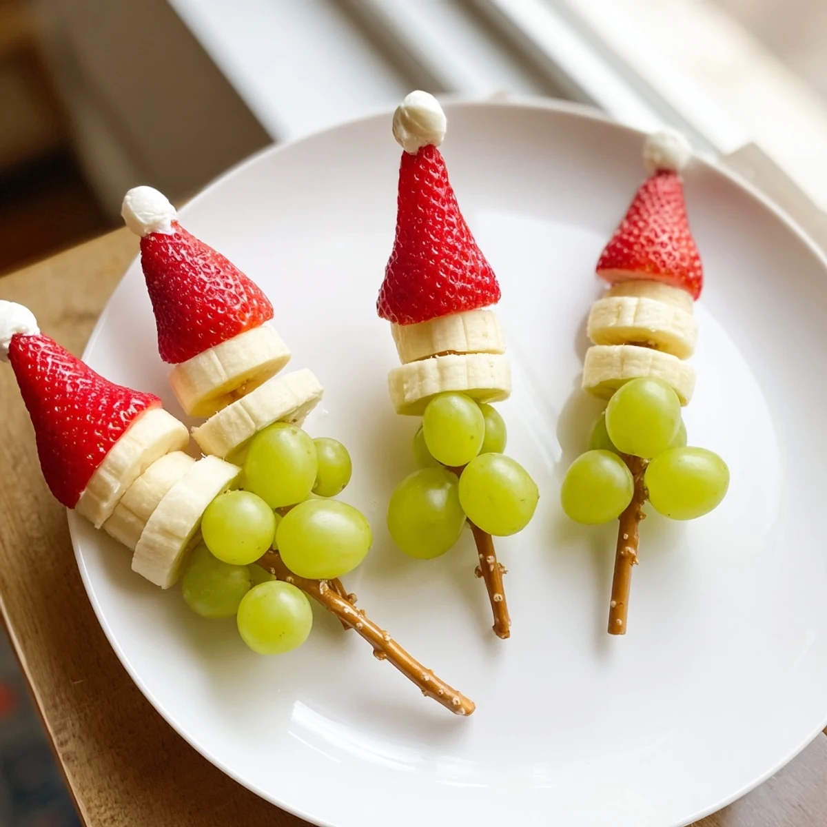 Sweet Elf Hat Strawberry Skewers, each with a strawberry hat, banana slice, and green grape topping.