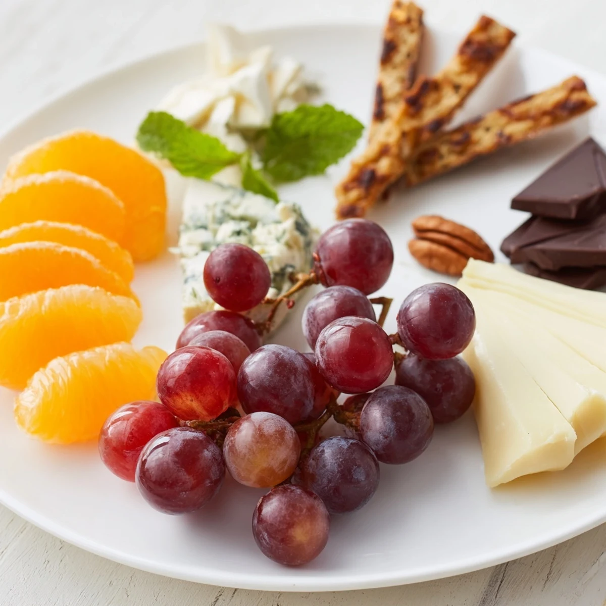 A gorgeous Grapes of Fortune board display featuring fresh grapes and various cheeses and crackers for your guests.