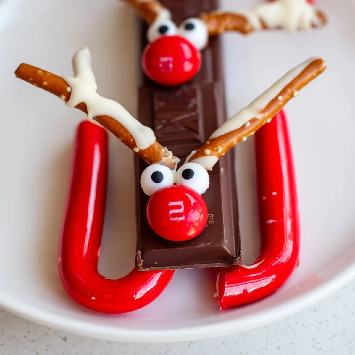 Trineos de bastones de caramelo Rudolph brillantes y festivos, listos para deleitar con ojos de caramelo y pretzels.