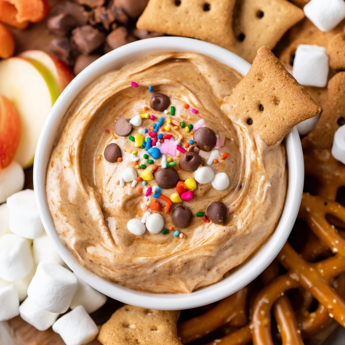 A close-up of a Gingerbread House Dip Board, showcasing the creamy texture and dippable snacks.