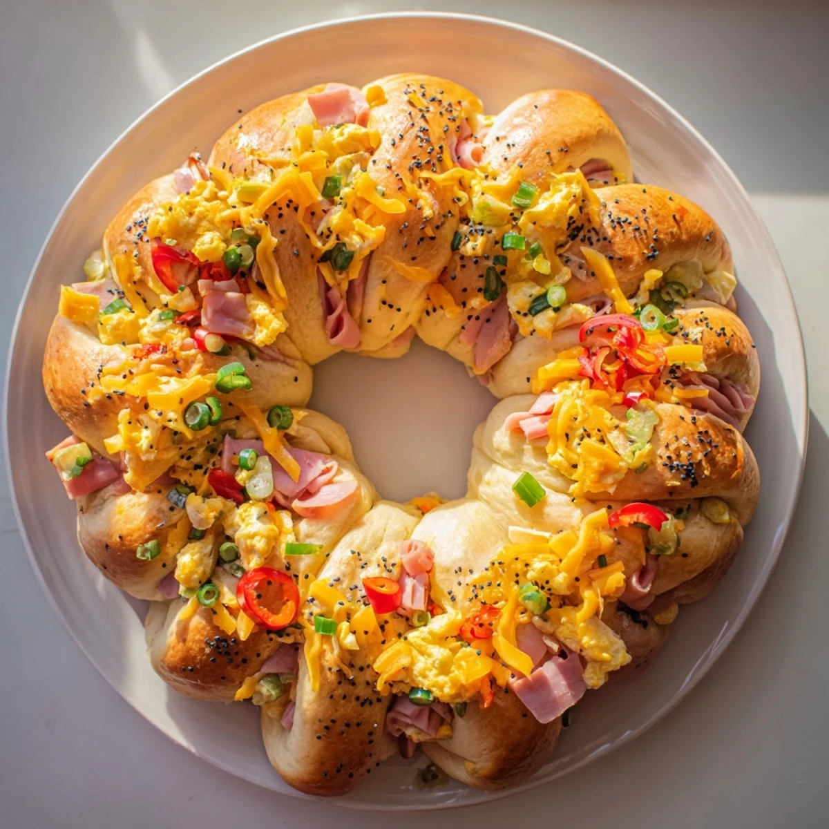 Fluffy, cheesy Wreath-Shaped Egg and Ham Bake, perfect for Easter brunch or any special occasion.