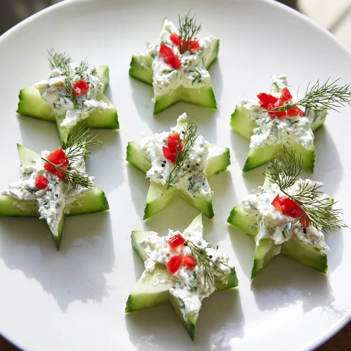 Crisp cucumber and dill Christmas stars appetizer, topped with creamy cheese, ready to serve.