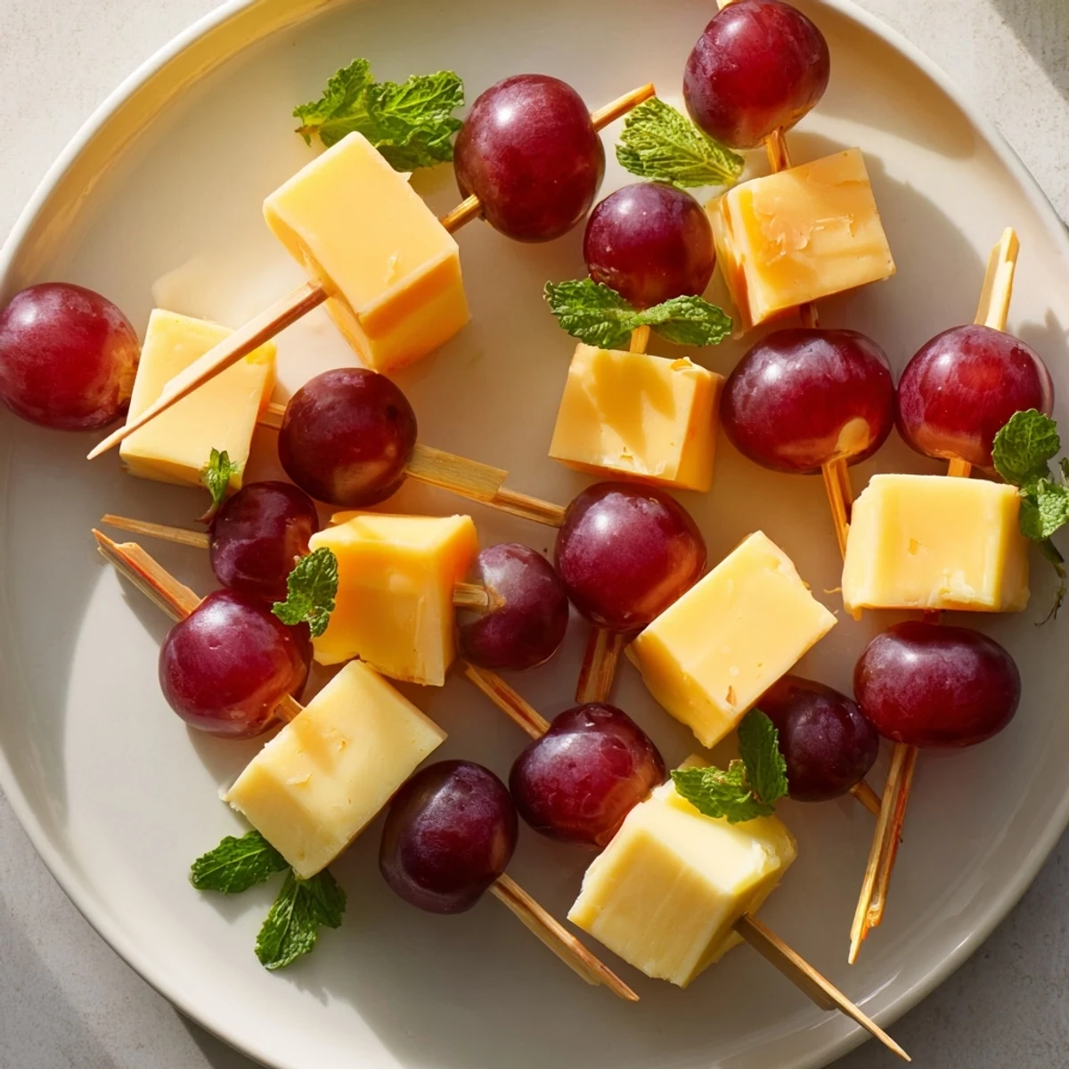 Freshly assembled Cheese & Grape Skewers, a quick and easy appetizer with cheese and grapes.