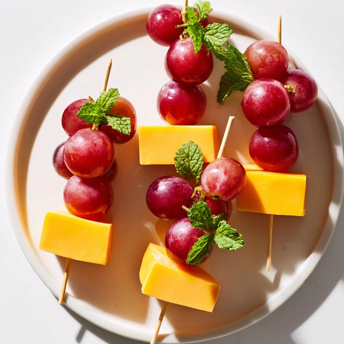 Close up shot of delicious Cheese & Grape Skewers, perfect for a party or light bite.