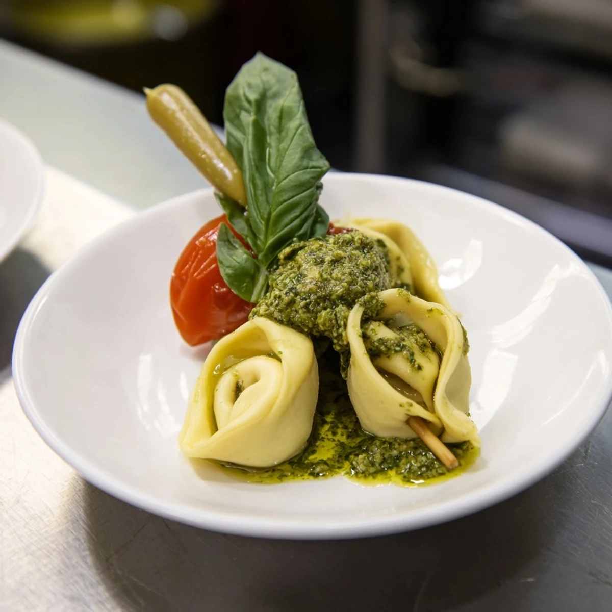 Appetizer Skewers: Tortellini, pesto, and olive skewers, a colorful appetizer arranged on a platter.