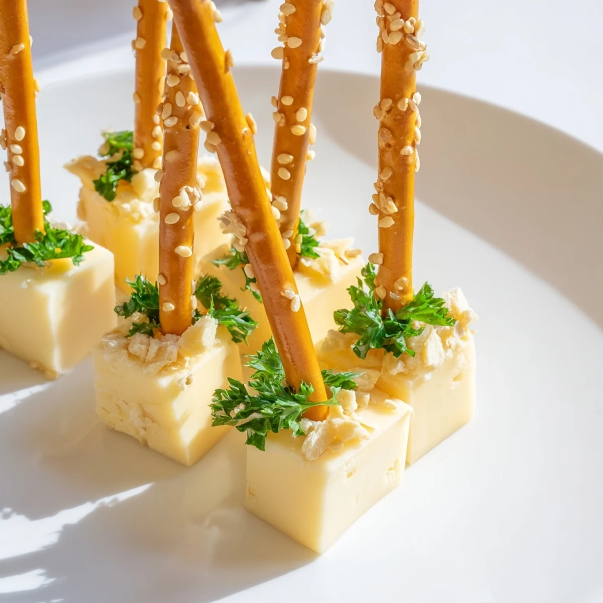 Festive NYE Cheese sparklers, cheddar cheese cubes on pretzel sticks for a holiday appetizer.