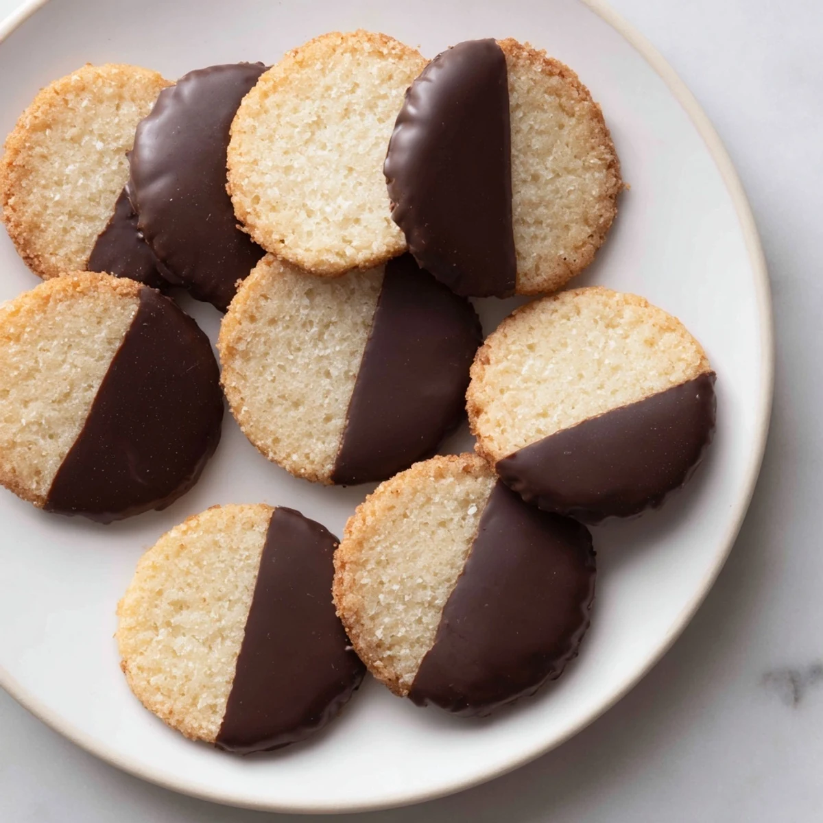 Close-up of Simple Cookies: Vanilla Wafers, offering a delightful crunch with a contrasting smooth chocolate coating.