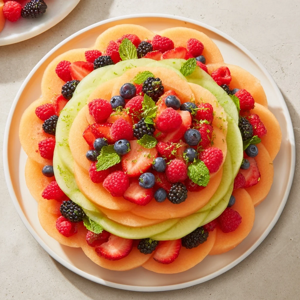 A colorful fruit platter showcasing layered circles of juicy cantaloupe, berries, and watermelon.