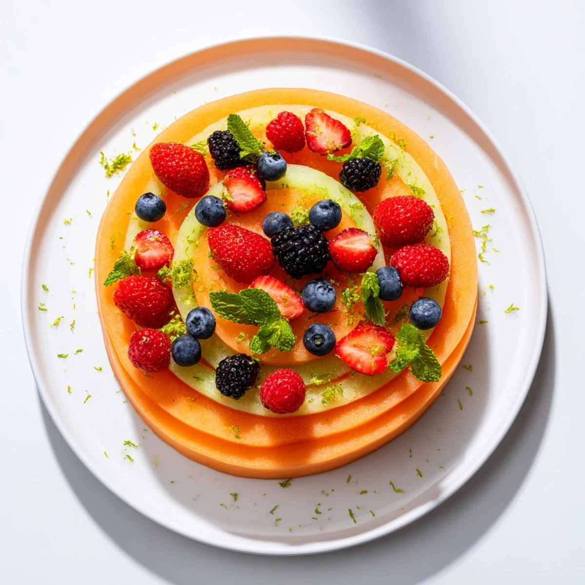 A visually appealing fruit platter with concentric circles of melon, strawberries, and blueberries.
