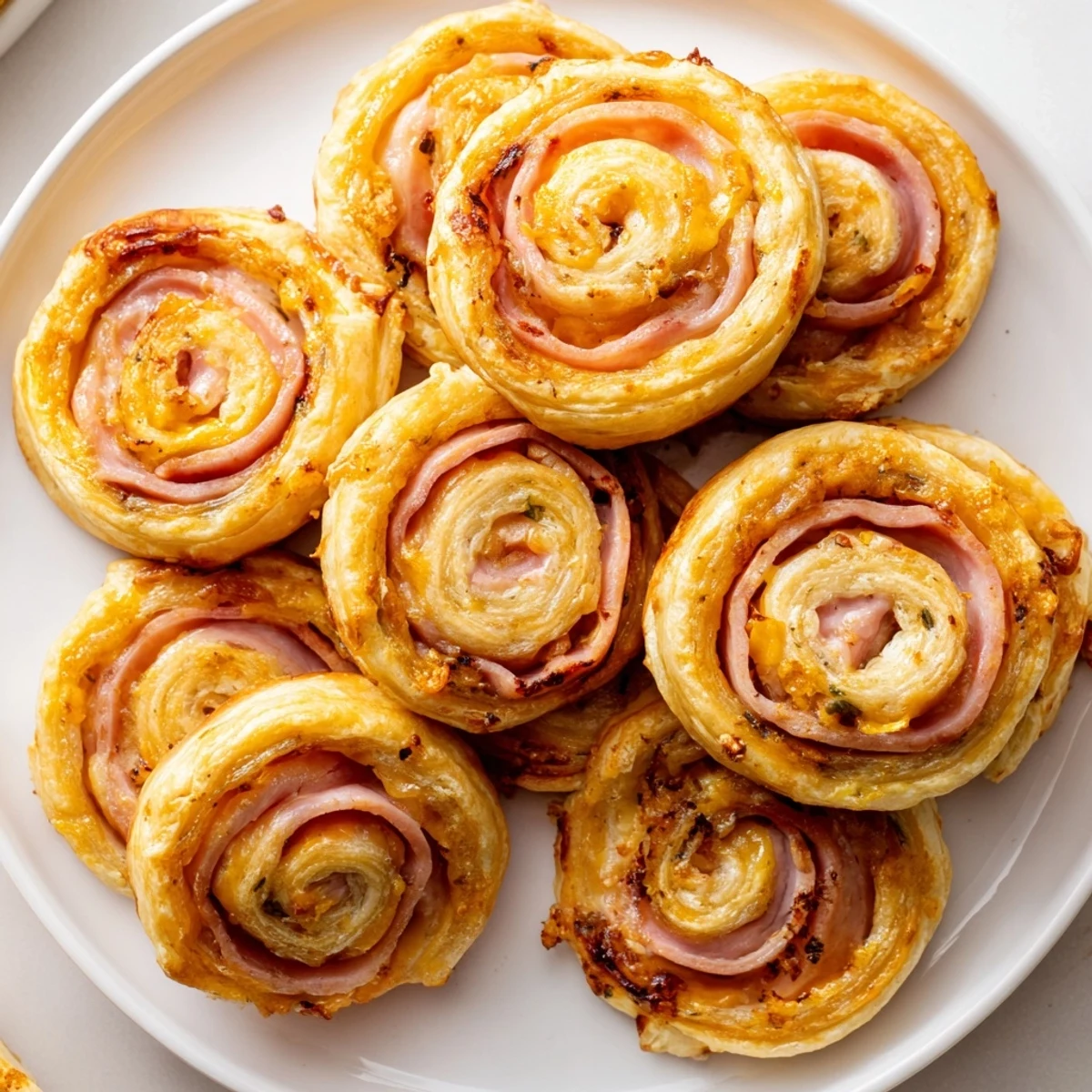 Golden, flaky Savory Ham and Cheese Pinwheel Rolls fresh from the oven, ready to enjoy.