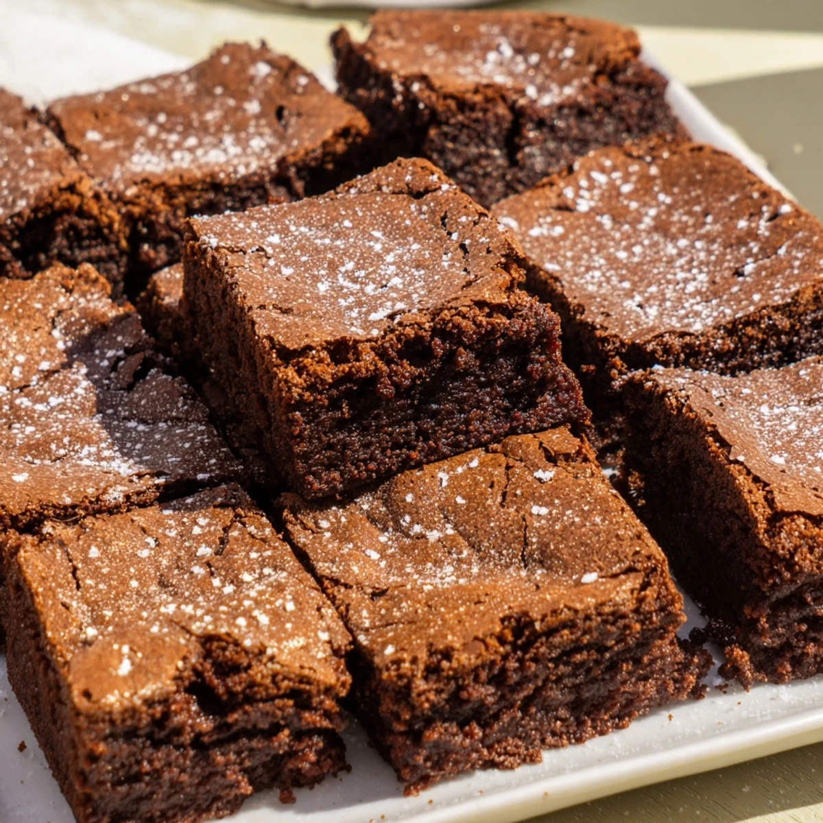 Perfectly baked brownie squares, lightly dusted with powdered sugar, waiting to be served.