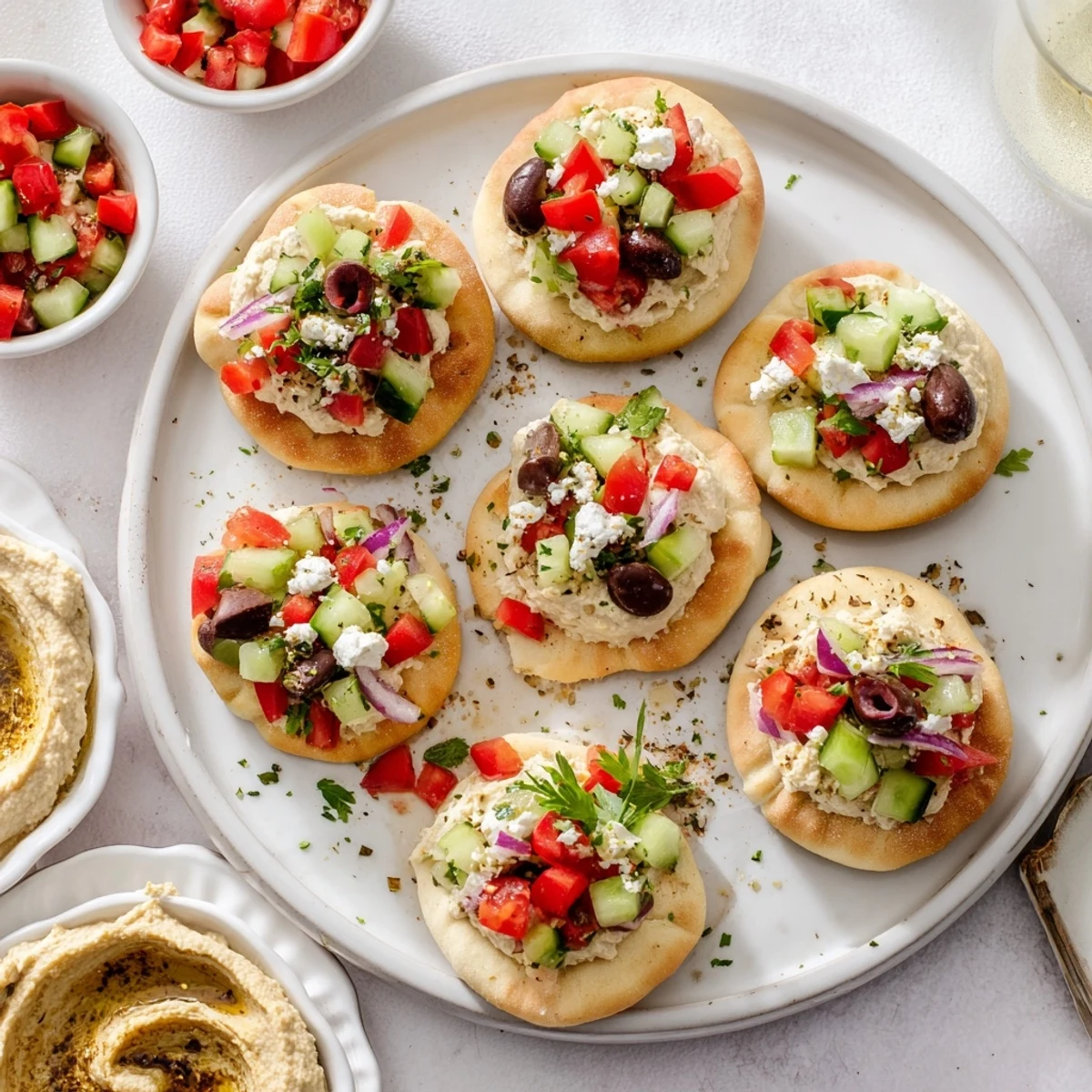 Warm mini pita pockets and vibrant hummus bowls make this savory board perfect.